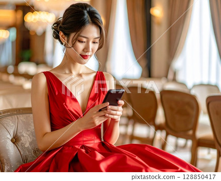 A woman in a red dress operating a smartphone 128850417