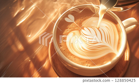 溫暖感覺的咖啡拿鐵的拿鐵藝術圖片素材 128850425