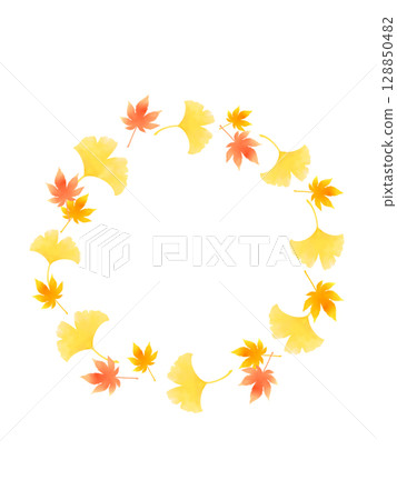 Colorful watercolor illustration frame of autumn leaves and ginkgo leaves (circular) Colorful watercolor illustration frame of autumn leaves and ginkgo leaves (circular) 128850482