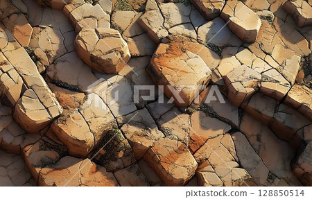 Tightly Packed Basalt Columns with Cracks and Shadows in Warm Li 128850514