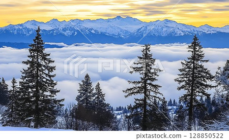 Majestic Mountain Range Overlooking a Sea of Clouds with Silhoue 128850522