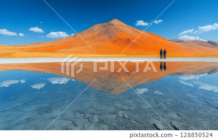 Two Figures Contemplate a Perfect Reflection of an Orange Mounta 128850524