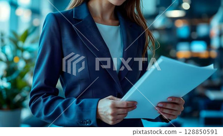 Cropped image of businesswoman using digital tablet while standing in office 128850591