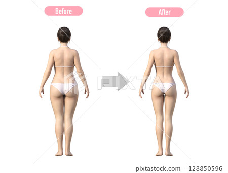 成功減肥的女性減肥前後對比圖，全身，背影 128850596