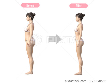 成功減肥女性的前後對比圖（全身、側面） 128850598