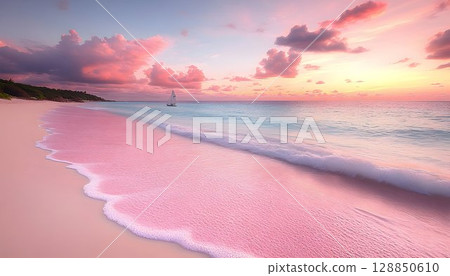 Pink Sand Beach at Dusk with Sailboat and Pastel Clouds 128850610
