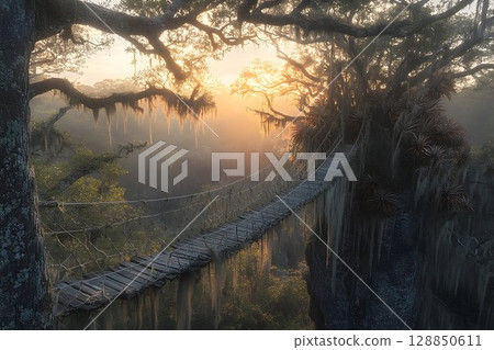 Misty Sunrise Over a Jungle Rope Bridge 128850611