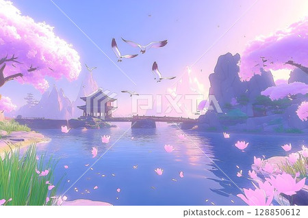 Serene Asian Temple Landscape with Cherry Blossoms and Birds 128850612