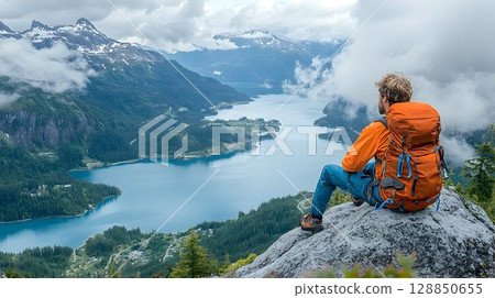 Mountaintop Vista: Hiker Contemplates Serene Fjord Landscape 128850655