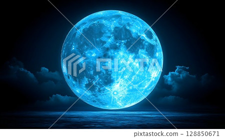 Enchanting Blue Moon Over a Calm Sea 128850671