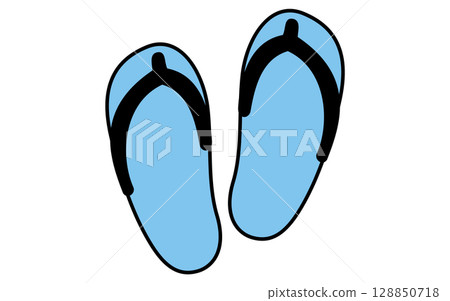 沙灘涼鞋的簡單線條畫插圖，夏季插圖，黑白 128850718