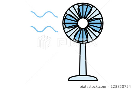 Simple line drawing illustration of an electric fan, summer illustration, black and white 128850734