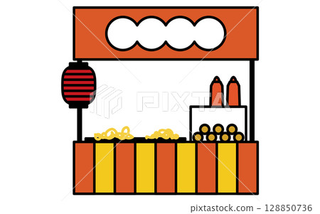炒麵攤位的簡單線條插圖，夏季插圖，黑白 128850736
