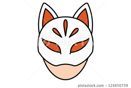 Simple line drawing illustration of a child wearing a fox mask, summer illustration, black and white Simple line drawing illustration of a child wearing a fox mask, summer illustration, black and white 128850739
