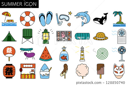 夏季圖標集(海洋、露營、夏季節日等)的簡單線條插圖,夏季插圖,黑白 夏季圖標集(海洋、露營、夏季節日等)的簡單線條插圖,夏季插圖,黑白 128850740