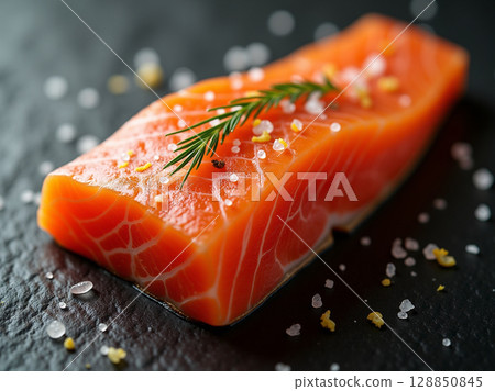 Raw Salmon Fillet with Dill, Salt, and Pepper on Dark Surface in Natural Light Raw Salmon Fillet with Dill, Salt, and Pepper on Dark Surface in Natural Light 128850845
