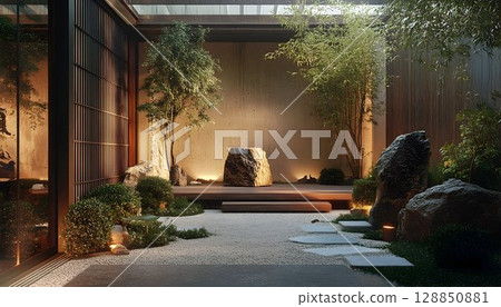 Serene Japanese Garden Courtyard with Warm Lighting 128850881