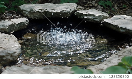 Sparkling Water Spring Enclosed by Weathered Rocks in a Forest S 128850890