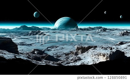 Barren Alien Landscape with Distant Planets and Striated Giant P 128850891