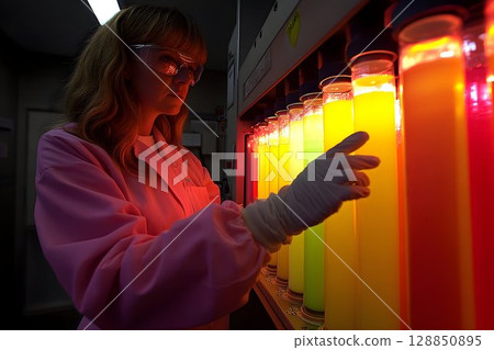Scientist Inspecting Colorful Liquid Samples in a Laboratory Set 128850895