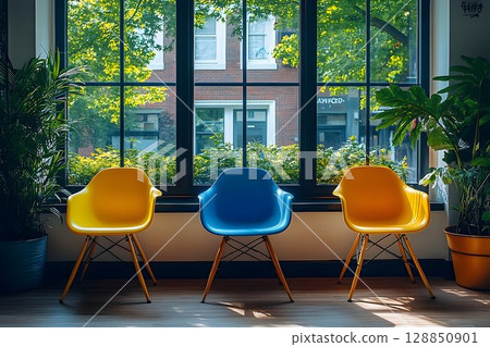 Three colorful chairs sit before a window with a view of a brick 128850901