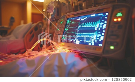 Hospital Bedside Monitor Displaying Vital Signs with IV Drip and 128850902