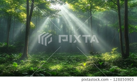 Sunlight Piercing the Misty Forest Floor 128850903