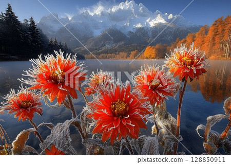 Frost-Kissed Dahlias Before a Majestic Snow-Capped Mountain Rang 128850911