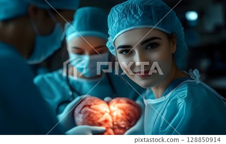 Surgical Team Holds Up Illuminated Heart During Operation Surgical Team Holds Up Illuminated Heart During Operation 128850914