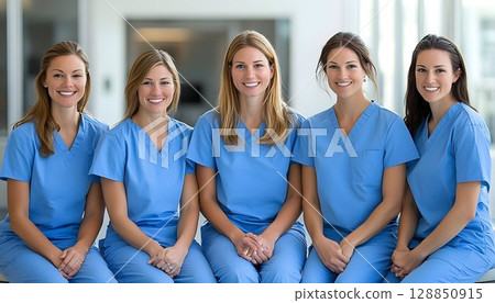 Confident Medical Team Posing in Bright Hospital Corridor 128850915