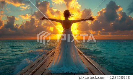 Woman in White Dress Embraces Sunset Ocean View 128850938