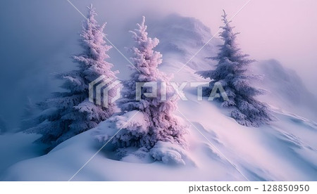 Frost-Kissed Spruce Trio: A Winter Wonderland Scene in Pale Lave 128850950