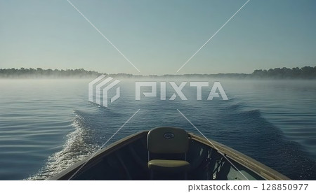Boat's Wake Cuts Through Misty Lake, Early Morning Serenity on t 128850977