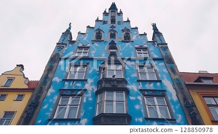 A Striking Blue Building with Architectural Details in a Citysca A Striking Blue Building with Architectural Details in a Citysca 128850978