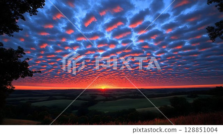 Mammatus Clouds Glow at Sunset over Rolling Hills Landscape 128851004