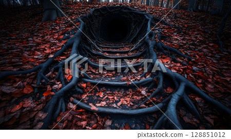 Eerie Forest Floor: Root Steps Leading to a Dark Tunnel in Autum 128851012