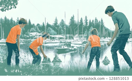 Children Building Stone Cairns by Lakeside Marina 128851013