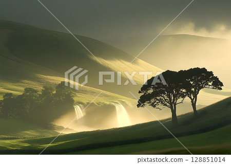 Ethereal Waterfall Cascades Through Rolling Hills Bathed in Gold 128851014