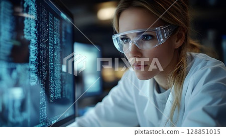 Focused scientist in lab coat analyzes complex data on glowing c 128851015