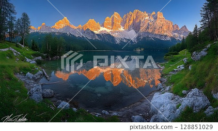 Golden Peaks Reflected on Lake Misurina, Dolomites at Sunrise 128851029