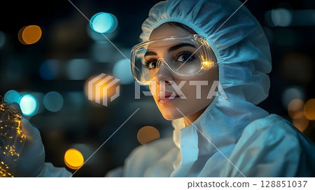 Scientist in protective gear examines glowing sample against bok 128851037