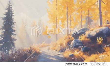 Serene Autumn Path Through Golden Aspens and Mist 128851039