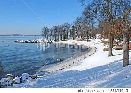 Winter Wonderland Beach Scene with Bare Trees and Snow 128851045