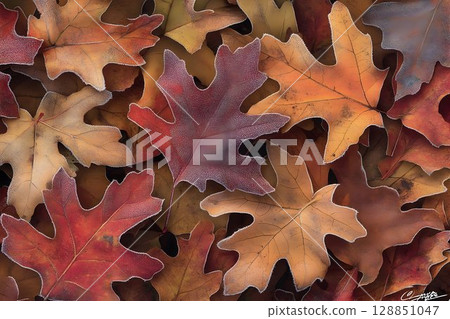 Frost-Kissed Oak Leaves: A Tapestry of Autumnal Hues and Delicat Frost-Kissed Oak Leaves: A Tapestry of Autumnal Hues and Delicat 128851047