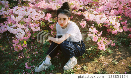 Beautiful Japanese woman portrait surrounded by cherry blossoms 128851154