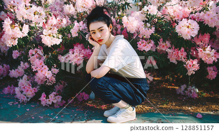 Beautiful Japanese woman portrait surrounded by cherry blossoms 128851157