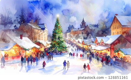 A watercolor illustration of a city Christmas market on a snowy night with Christmas lights and people. 128851161
