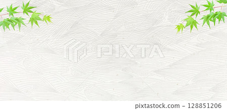 Fresh green leaves and wave pattern on beige washi paper 128851206