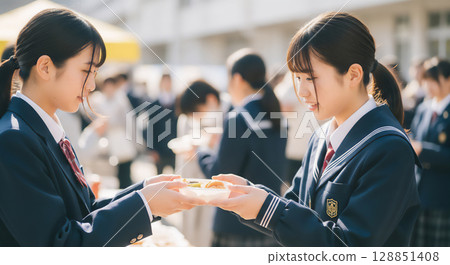 Students interacting at a high school cultural festival 128851408