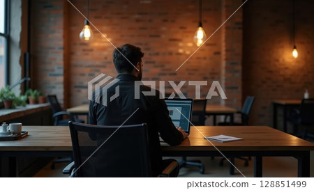Person working in industrial loft office, back view 128851499